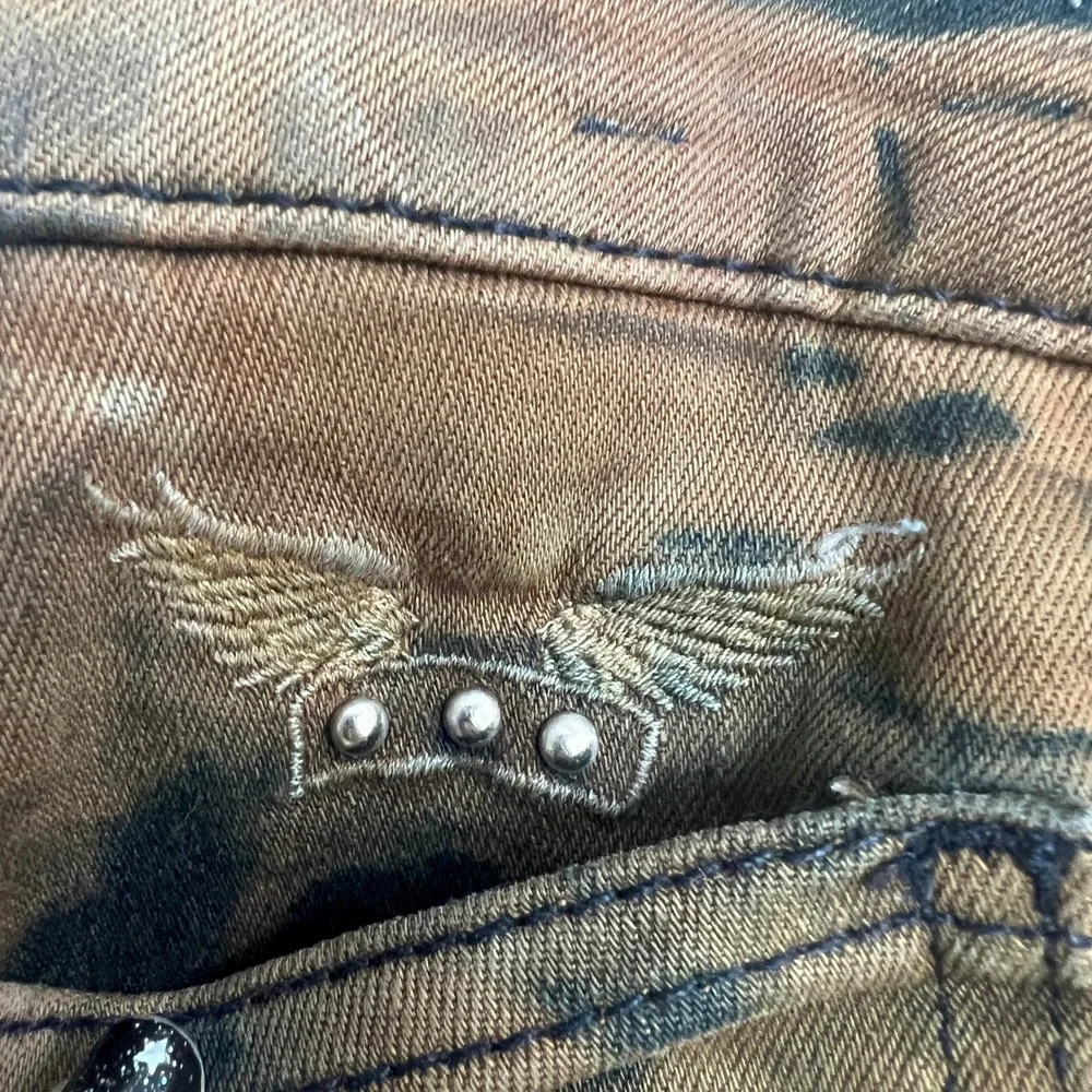 Robin's Jean Black Brown Splatter Acid Wash Long Flap Pocket Studded Moto‎ Jeans